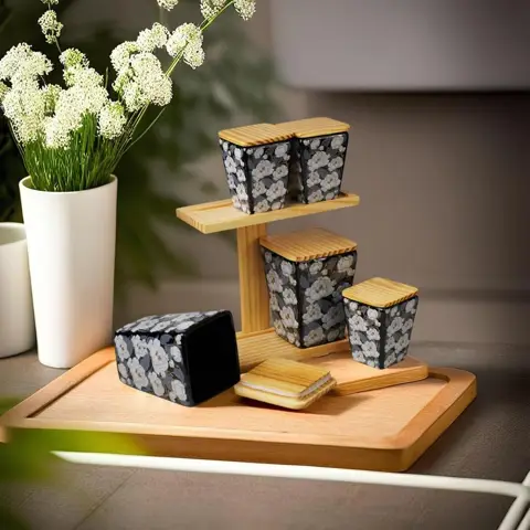 Ceramic kitchen storage jars with wooden lids and stand