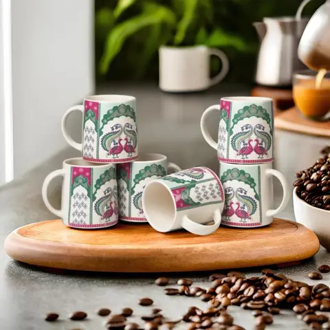Peacock print ceramic coffee mugs