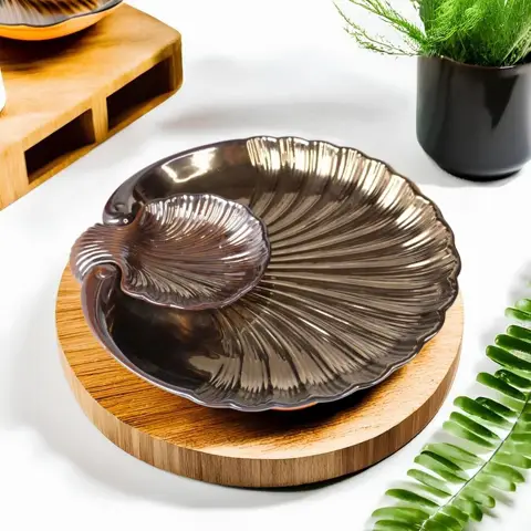 Brown ceramic chip and dip serving platter