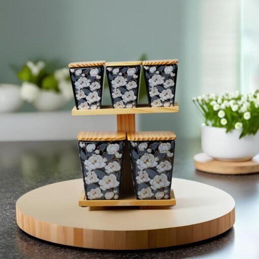 Leaf Design Ceramic Container Jar Set With Stand - Image 3