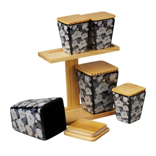 Leaf Design Ceramic Container Jar Set With Stand - Image 5